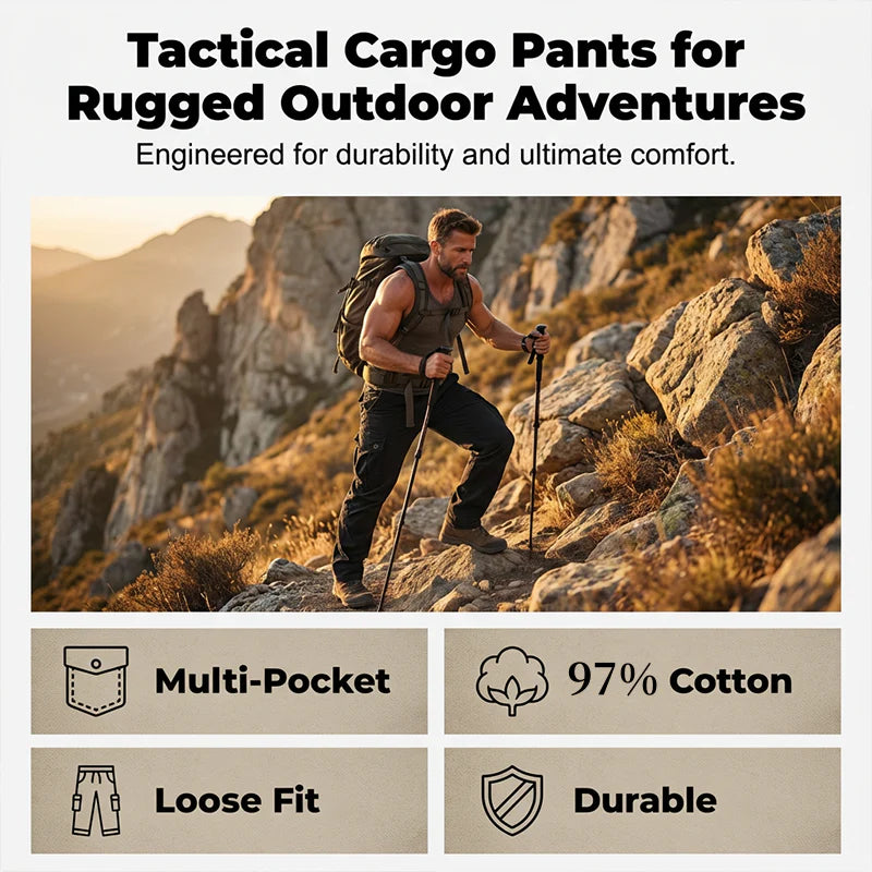 👖🛠️ Pánske taktické nohavice vyrobené zo 100% bavlny, v khaki farbe - s mnohými vreckami