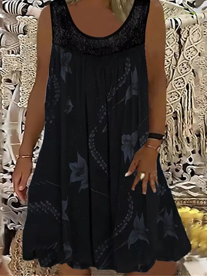 Elegantné maxi šaty pre ženy s nadváhou s okrúhlym výstrihom, bez rukávov, s čipkou, plisovaným vzorom a patchworkovým vzorom.