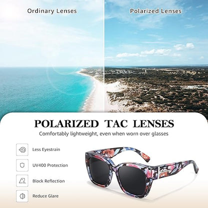 🕶️ Polarizované slnečné okuliare pre ženy - ochrana UV400, kvetinový rám, nosia sa cez dioptrické okuliare