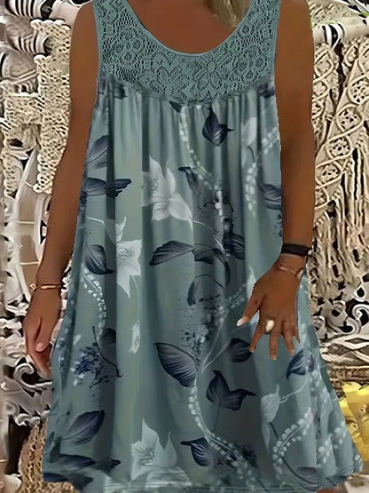 Elegantné maxi šaty pre ženy s nadváhou s okrúhlym výstrihom, bez rukávov, s čipkou, plisovaným vzorom a patchworkovým vzorom.