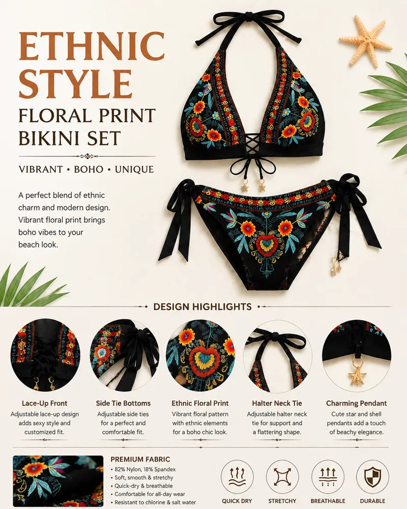 Dámsky bikinový set s etnickou kvetinovou potlačou