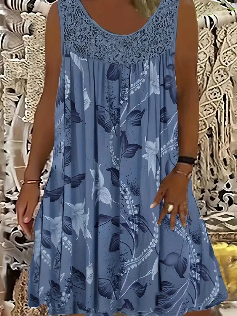 Elegantné maxi šaty pre ženy s nadváhou s okrúhlym výstrihom, bez rukávov, s čipkou, plisovaným vzorom a patchworkovým vzorom.