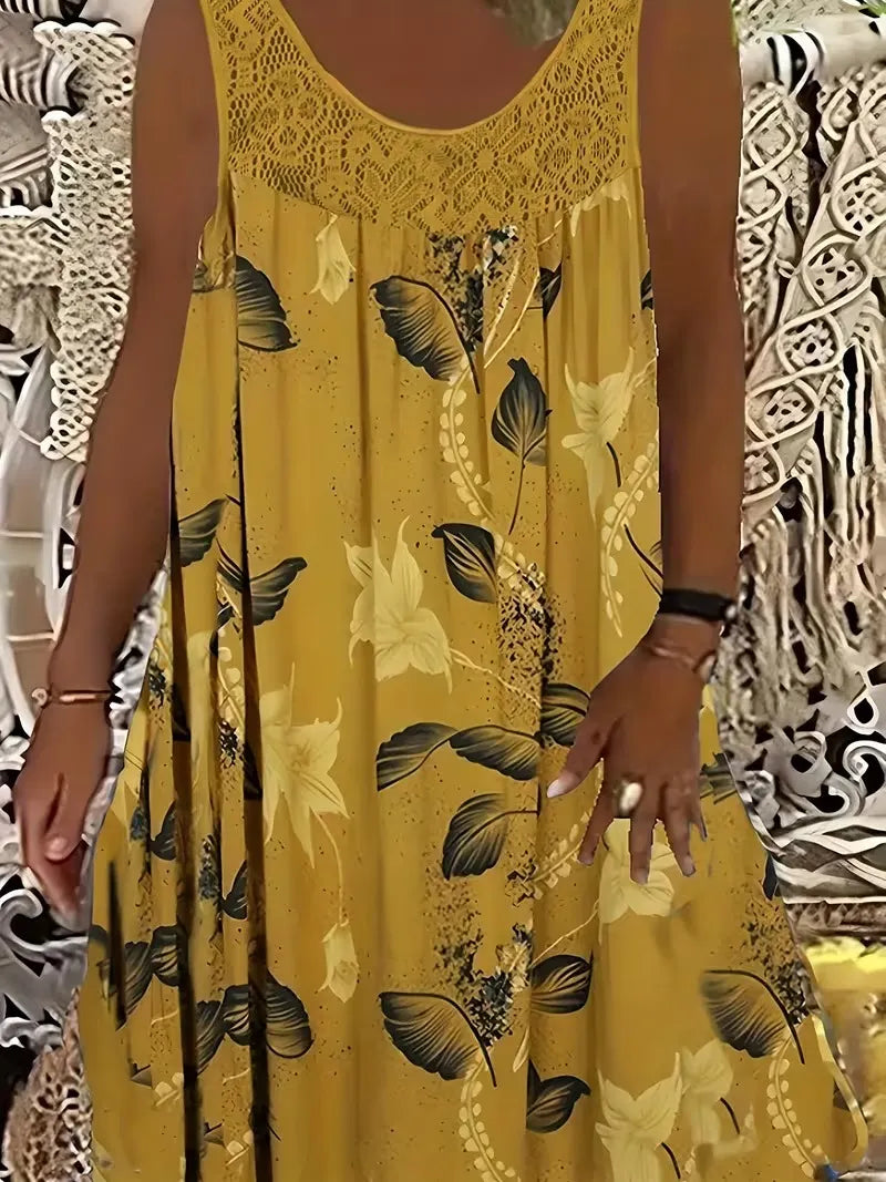 Elegantné maxi šaty pre ženy s nadváhou s okrúhlym výstrihom, bez rukávov, s čipkou, plisovaným vzorom a patchworkovým vzorom.