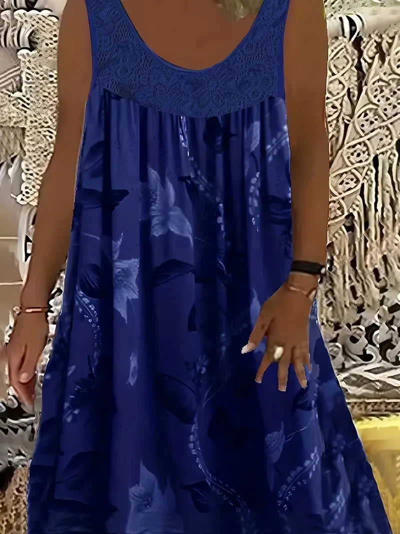 Elegantné maxi šaty pre ženy s nadváhou s okrúhlym výstrihom, bez rukávov, s čipkou, plisovaným vzorom a patchworkovým vzorom.