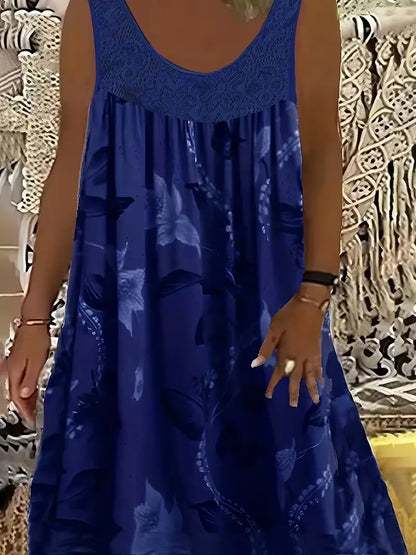 Elegantné maxi šaty pre ženy s nadváhou s okrúhlym výstrihom, bez rukávov, s čipkou, plisovaným vzorom a patchworkovým vzorom.