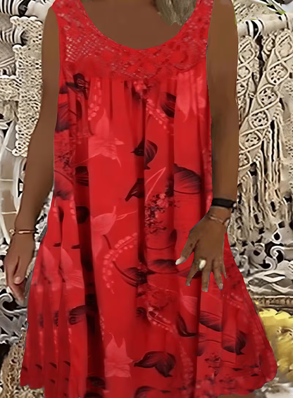 Elegantné maxi šaty pre ženy s nadváhou s okrúhlym výstrihom, bez rukávov, s čipkou, plisovaným vzorom a patchworkovým vzorom.