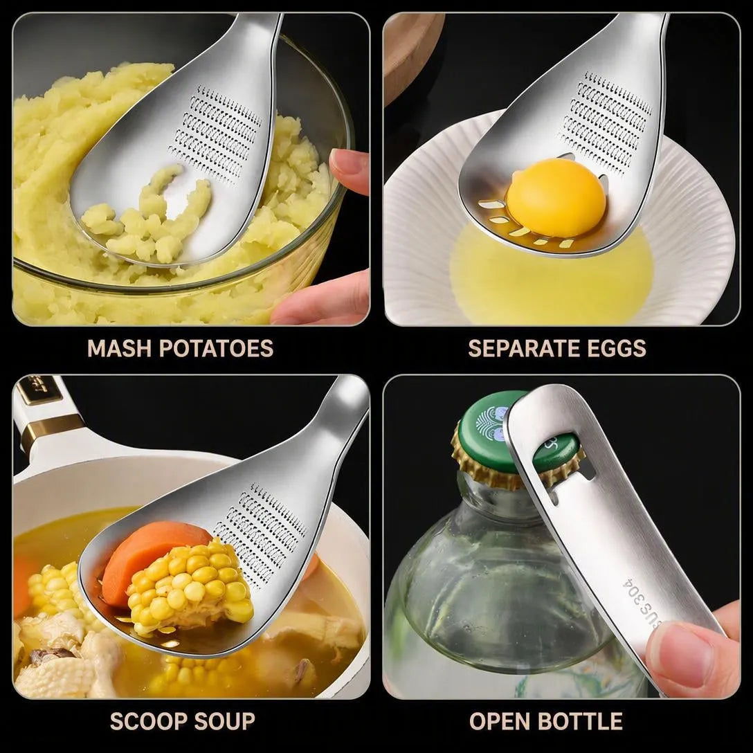 🍳 Kuchynská lyžica 4 v 1 z nehrdzavejúcej ocele 304 ✨ Oddeľte, nastrúhajte, rozdrvte a podávajte