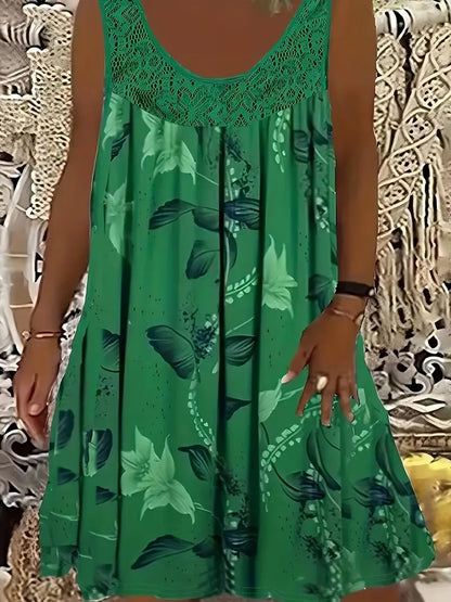 Elegantné maxi šaty pre ženy s nadváhou s okrúhlym výstrihom, bez rukávov, s čipkou, plisovaným vzorom a patchworkovým vzorom.